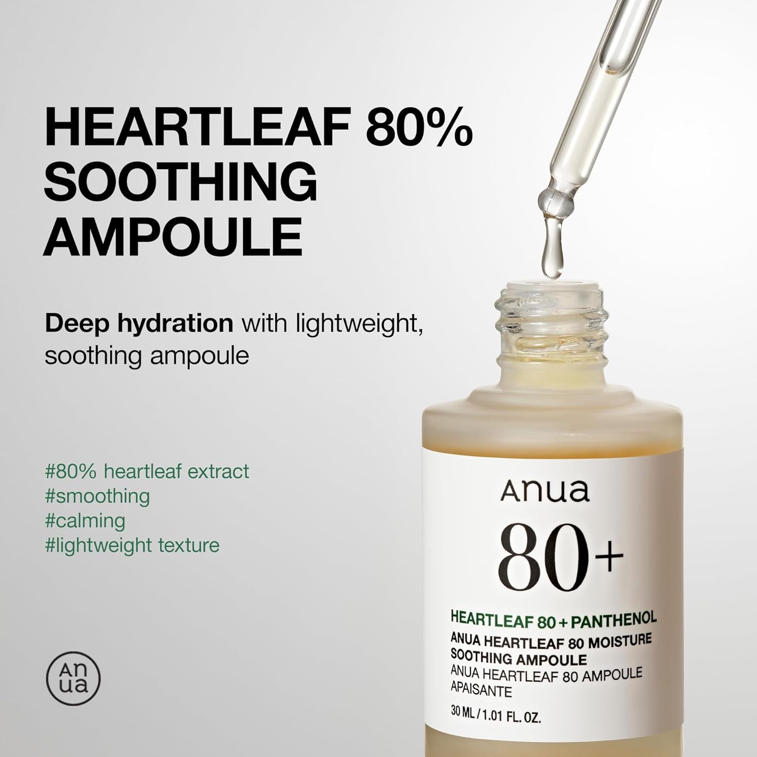 Heartleaf 80 Soothing Ampoule, Hydration Facial Serum for Glass Skin, Panthenol, Hyaluronic Acid, Non-Greasy, Gentle Formula, Lightweight Essence, Vegan, Korean Skin Care, 30Ml/1.01 Fl.Oz