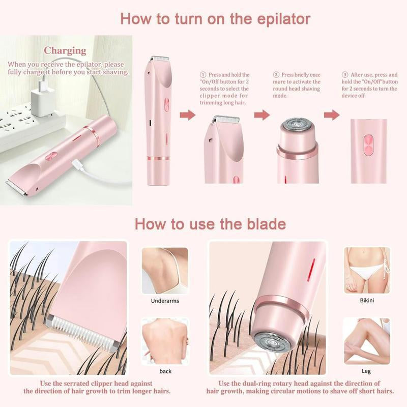 Electric Bikini Trimmer for Women, Rechargeable 2 in 1 Body & Facial Hair Removal, Waterproof Wet & Dry Use Trimmer for Women
